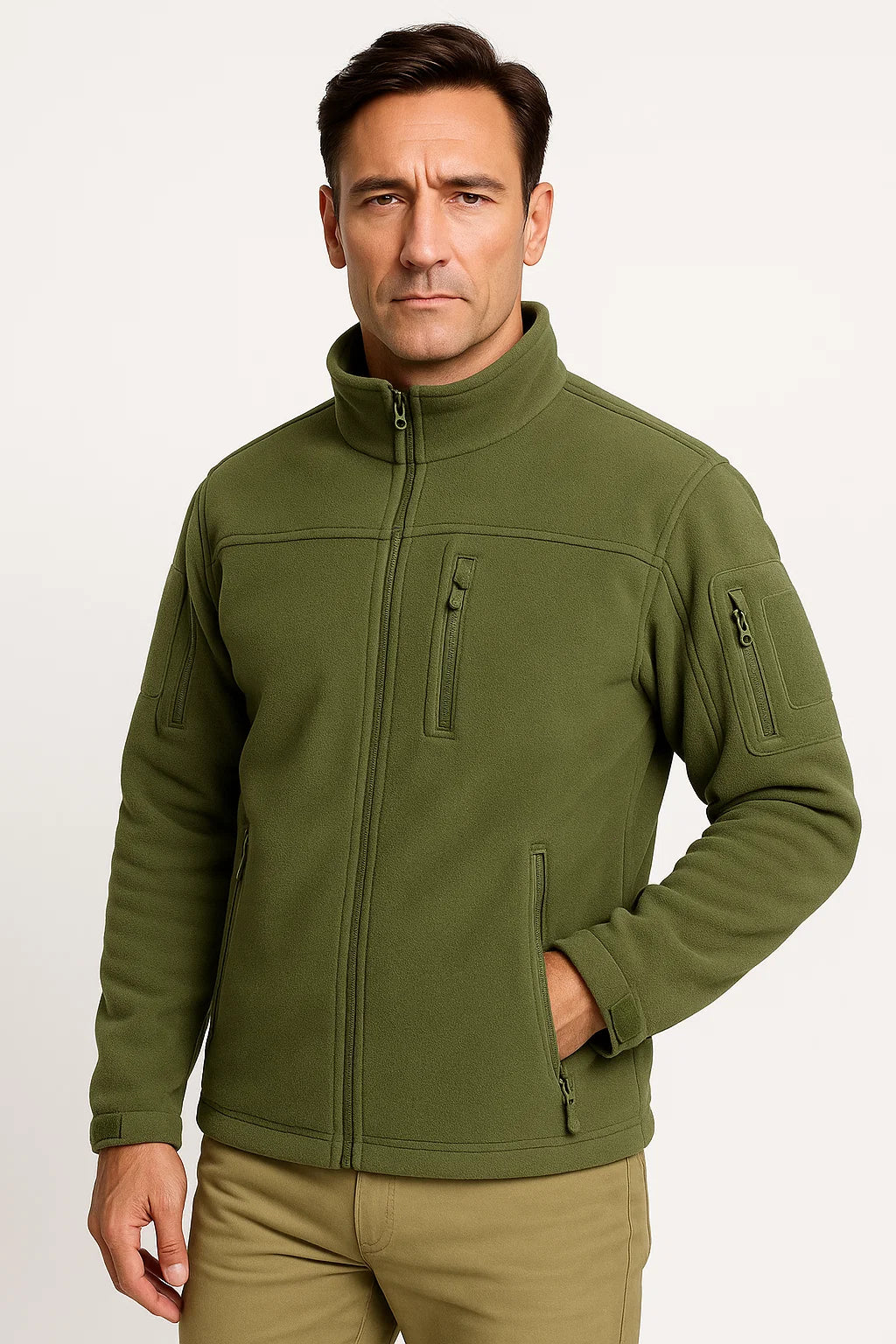Men's Fleece Jacket Windproof Full Zip Outdoor Coat with Multiple Pockets