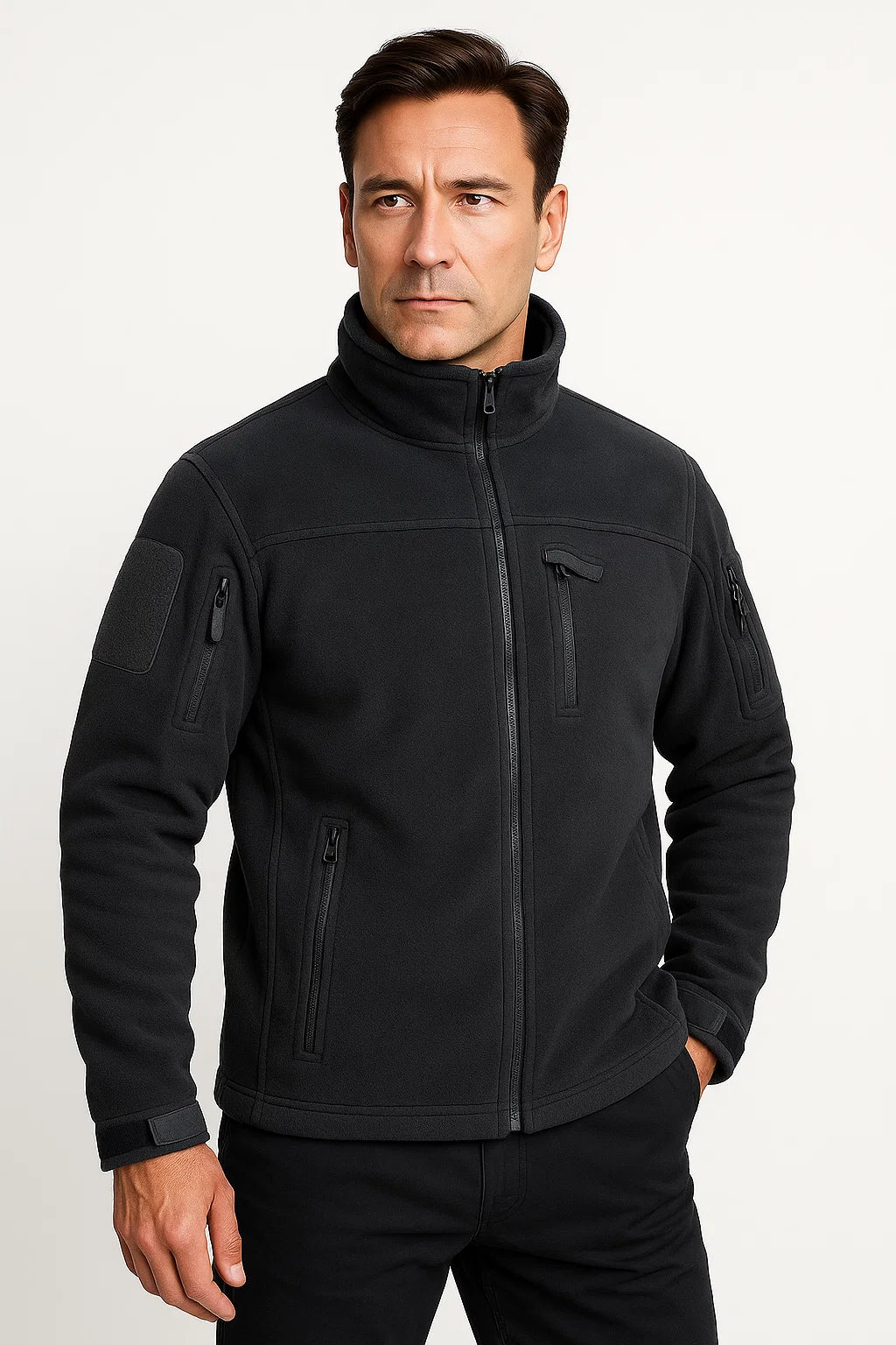 Men's Fleece Jacket Windproof Full Zip Outdoor Coat with Multiple Pockets