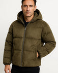 Men's Puffer Jacket Hooded Polyester Suede-Like Insulated Winter Outerwear