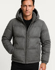 Men's Puffer Jacket Hooded Polyester Suede-Like Insulated Winter Outerwear
