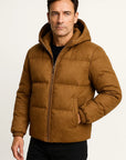 Men's Puffer Jacket Hooded Polyester Suede-Like Insulated Winter Outerwear