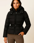Women's Black Puffer Jacket Water-Resistant Belted Polyester