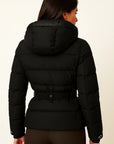 Women's Black Puffer Jacket Water-Resistant Belted Polyester