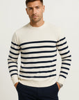 Men's Sweater Wool O-neck Striped Casual Navy Loose Fit