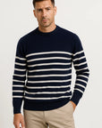 Men's Sweater Wool O-neck Striped Casual Navy Loose Fit