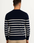 Men's Sweater Wool O-neck Striped Casual Navy Loose Fit