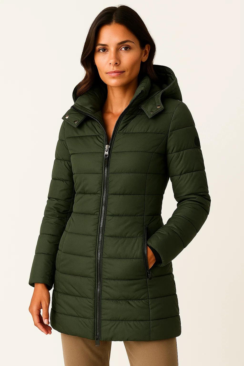 Women's Black Puffer Jacket PU Leather Slim Fit Long Sleeve