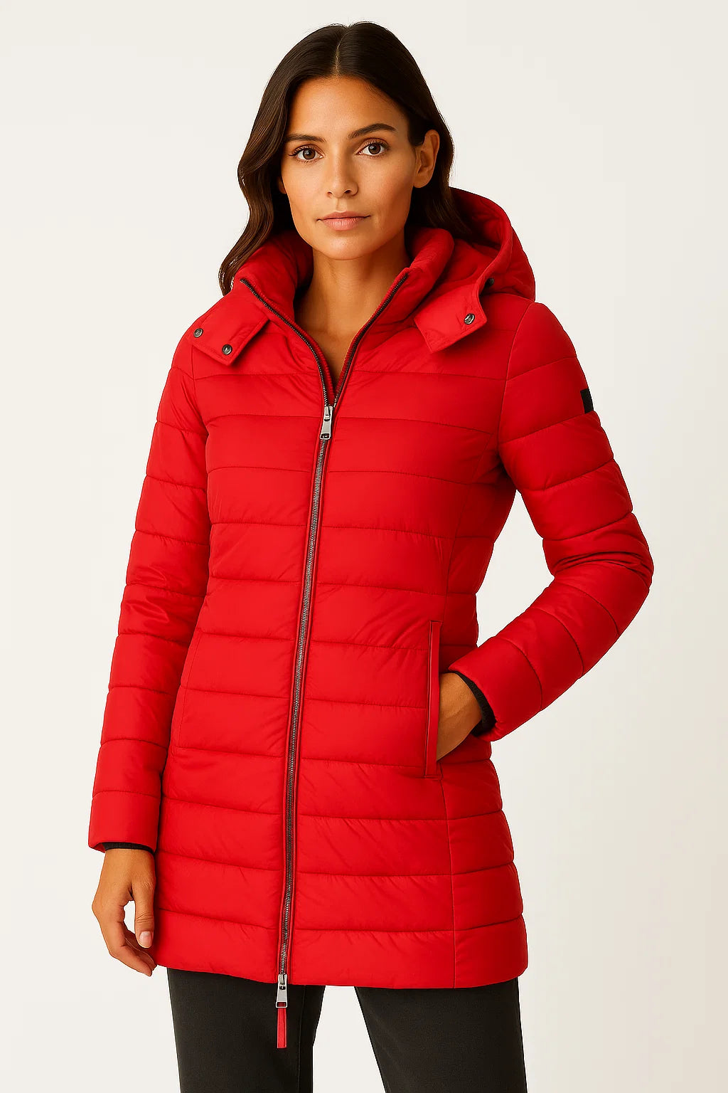 Women's Black Puffer Jacket PU Leather Slim Fit Long Sleeve