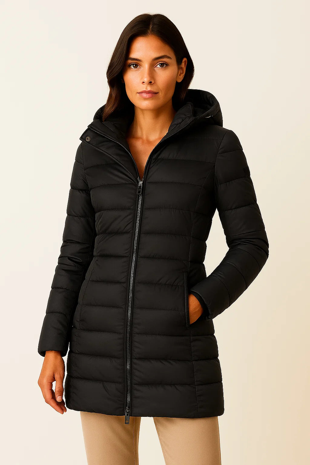 Women's Black Puffer Jacket PU Leather Slim Fit Long Sleeve
