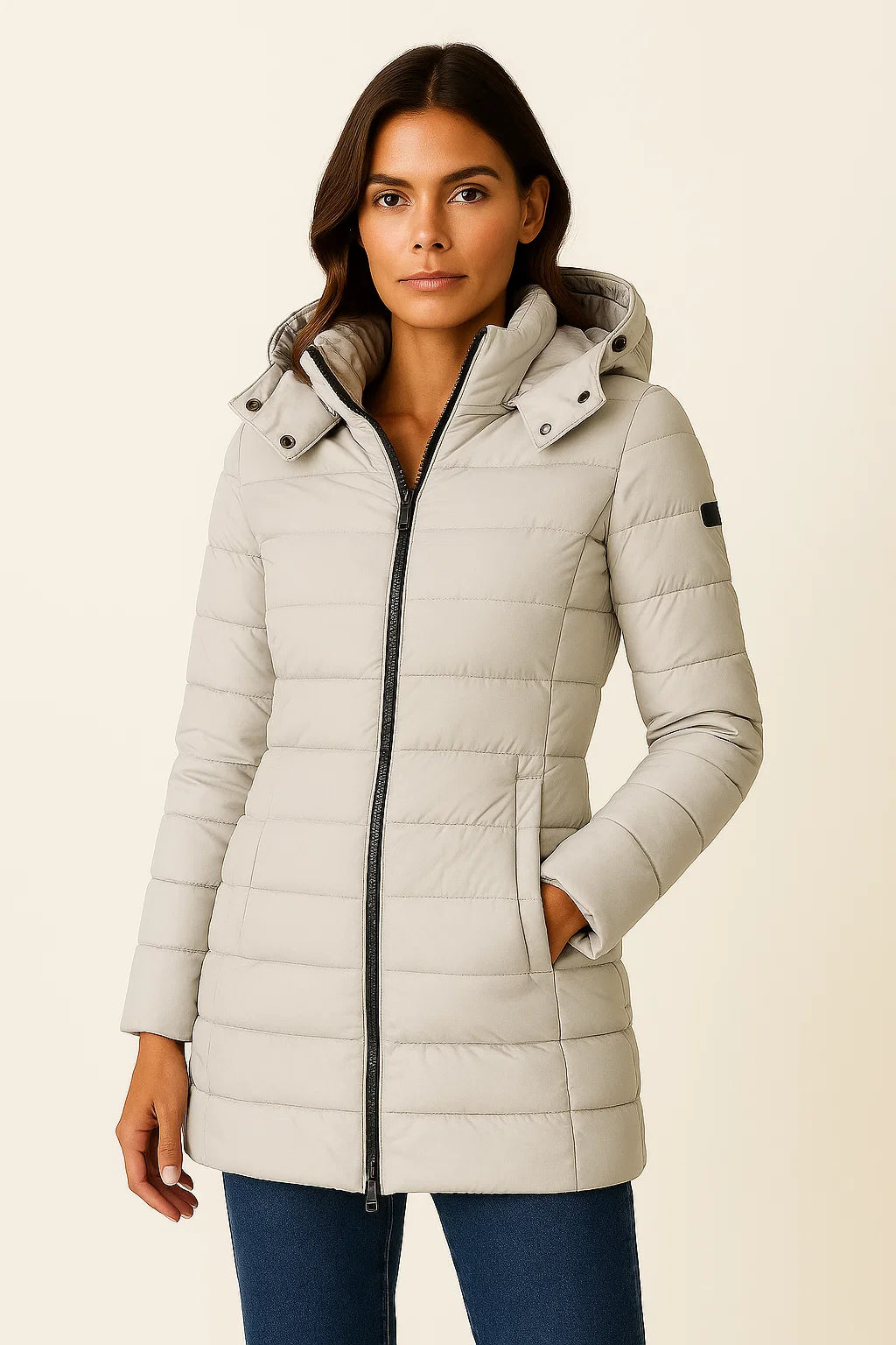 Women's Black Puffer Jacket PU Leather Slim Fit Long Sleeve
