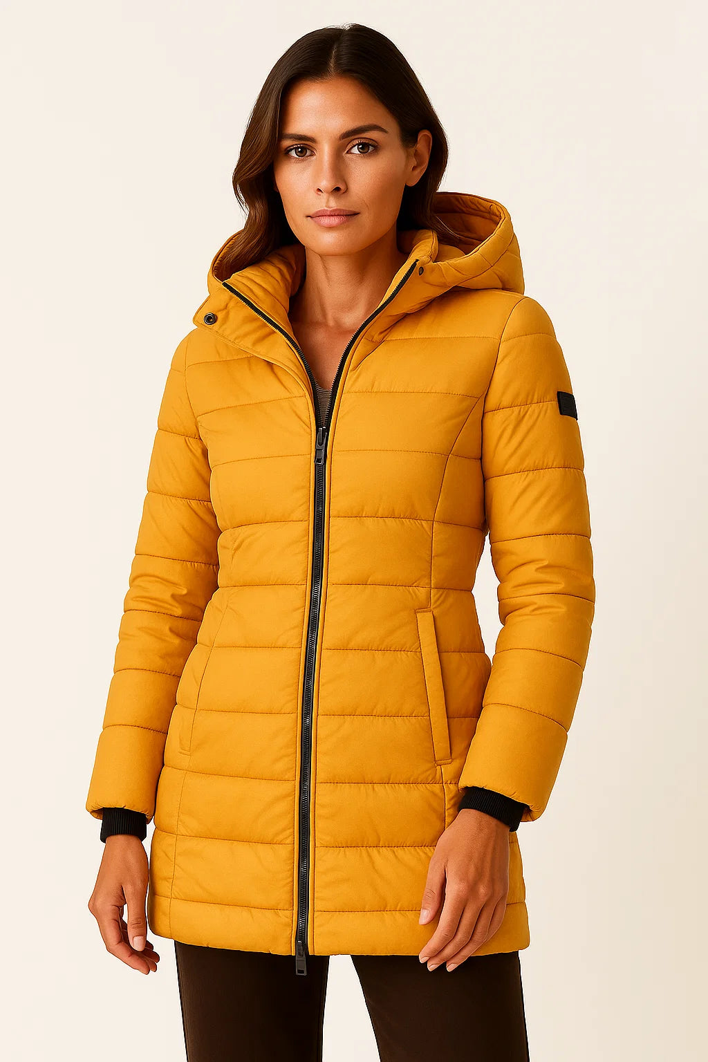 Women's Black Puffer Jacket PU Leather Slim Fit Long Sleeve