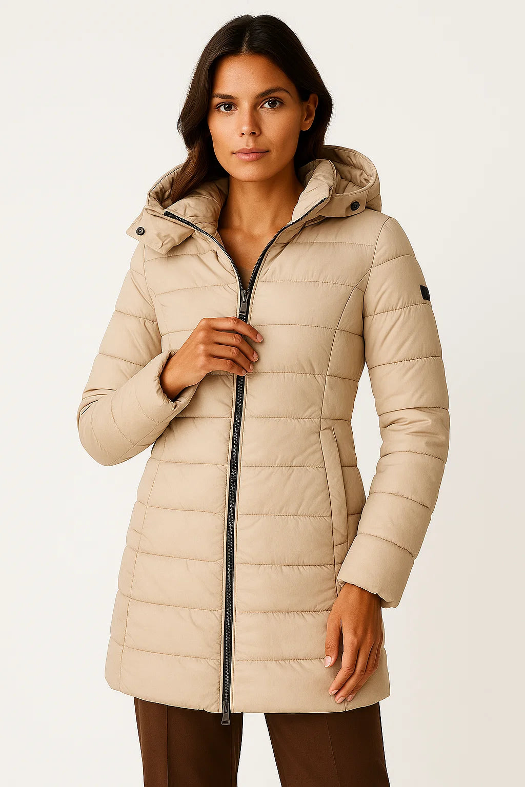 Women's Black Puffer Jacket PU Leather Slim Fit Long Sleeve