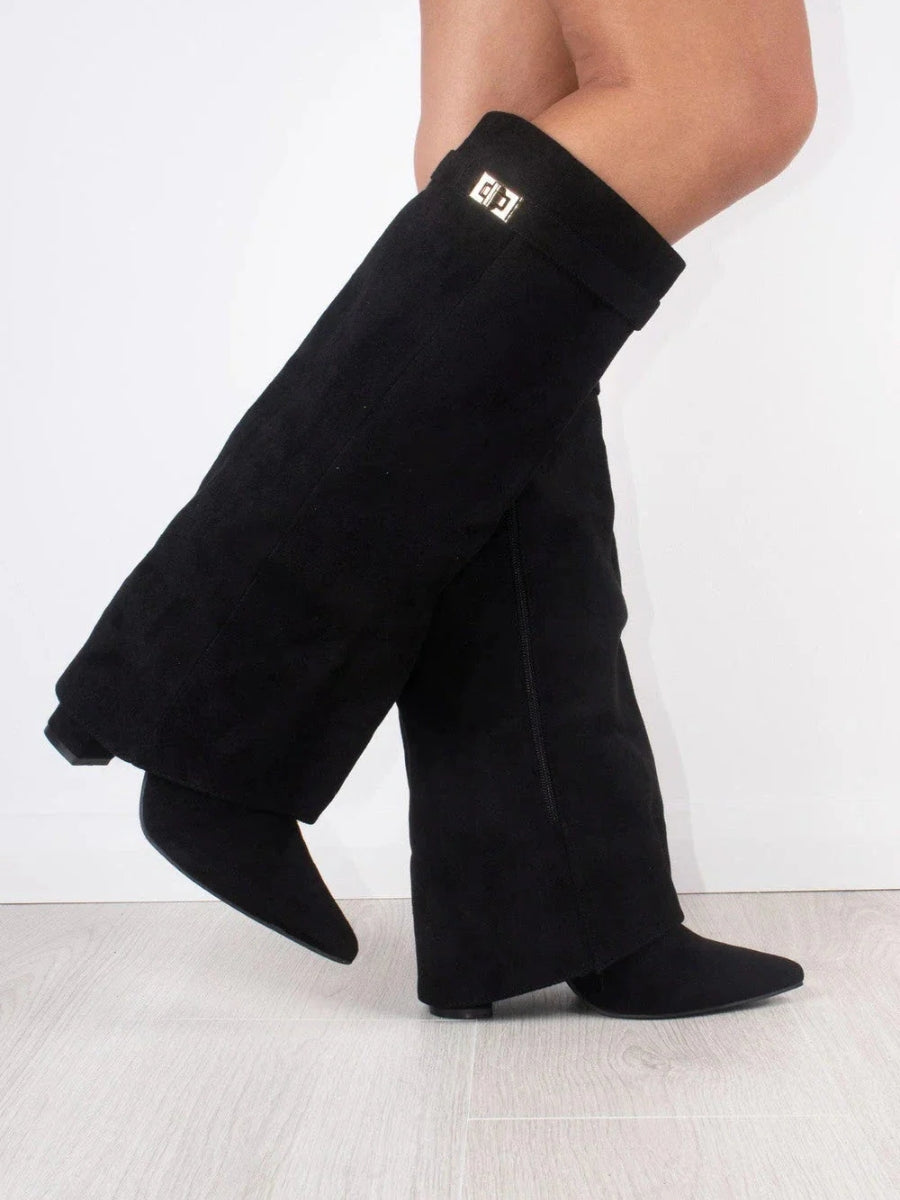 Womens Suede Boots High Shaft Black Genuine Suede Comfortable Block Heel Zipper 1