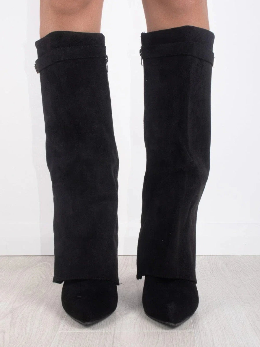 Womens Suede Boots High Shaft Black Genuine Suede Comfortable Block Heel Zipper 2