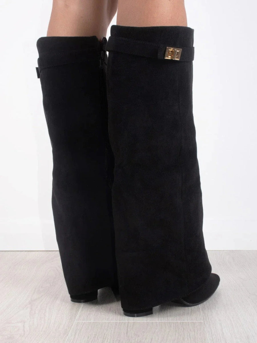 Womens Suede Boots High Shaft Black Genuine Suede Comfortable Block Heel Zipper 3