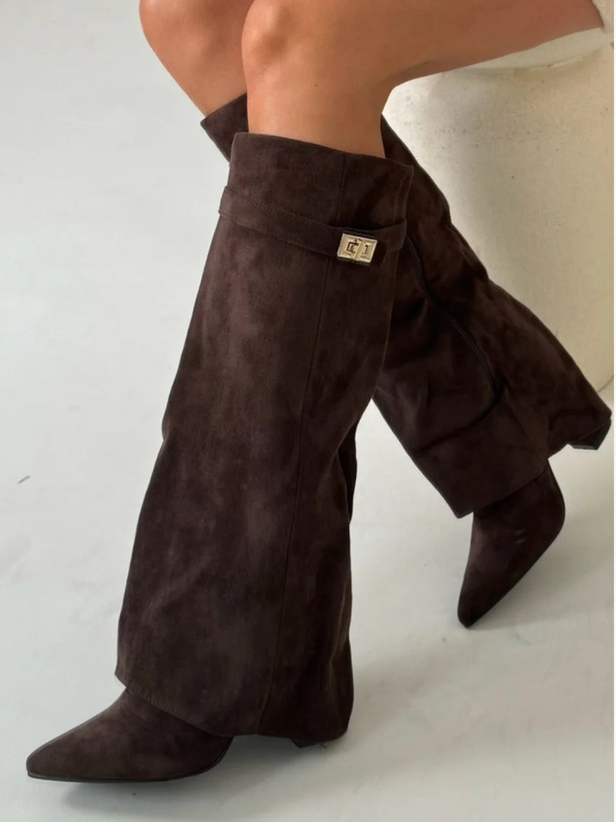 Womens Suede Boots High Shaft Black Genuine Suede Comfortable Block Heel Zipper 8