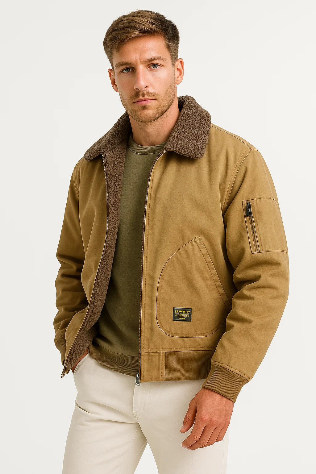 Mens Bomber Jacket Cotton Canvas Sherpa Lined Wind Resistant 1