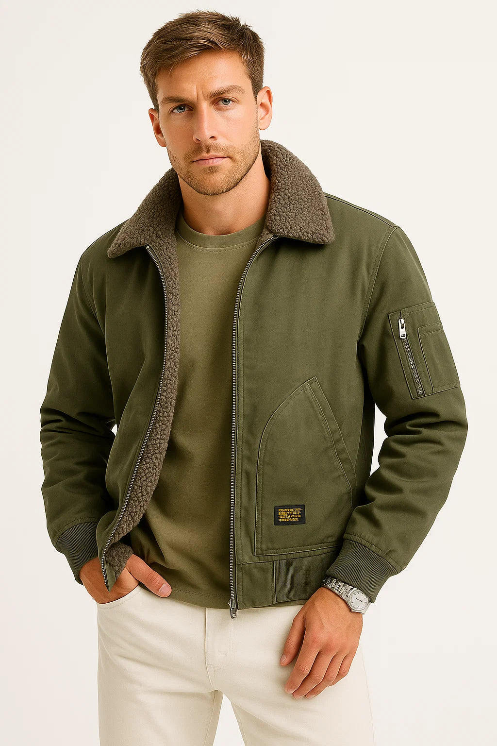 Mens Bomber Jacket Cotton Canvas Sherpa Lined Wind Resistant 4