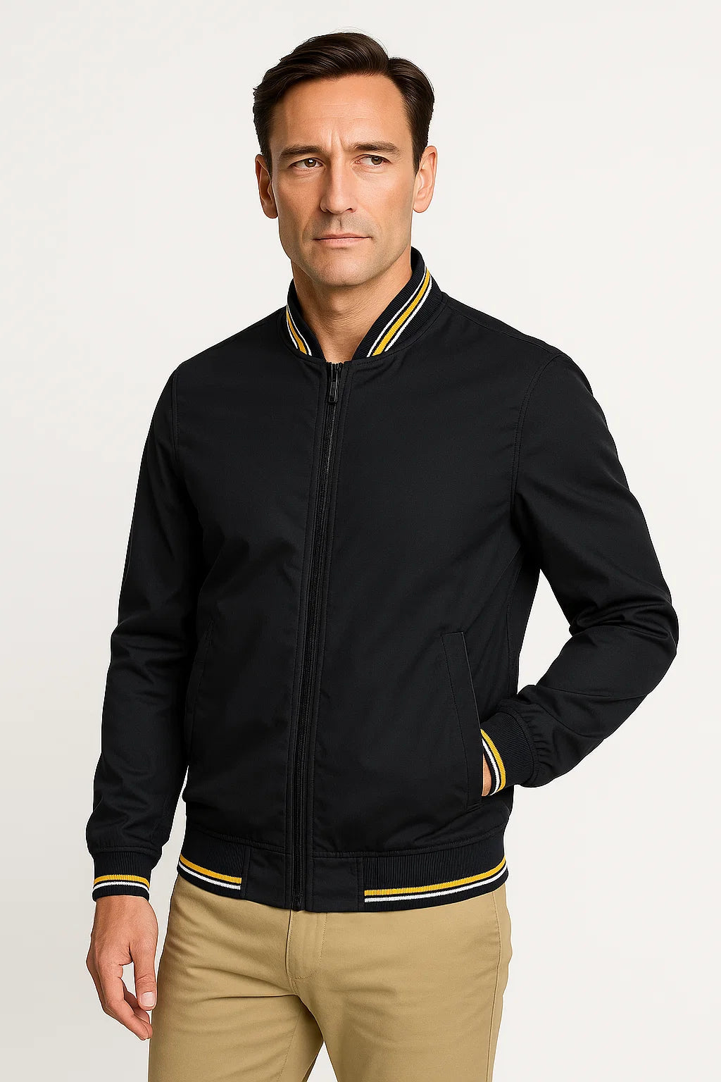 Men's Lightweight Polyester Bomber Jacket, Slim Fit Zip-Up Windbreaker, Casual Outerwear for Spring and Fall 4