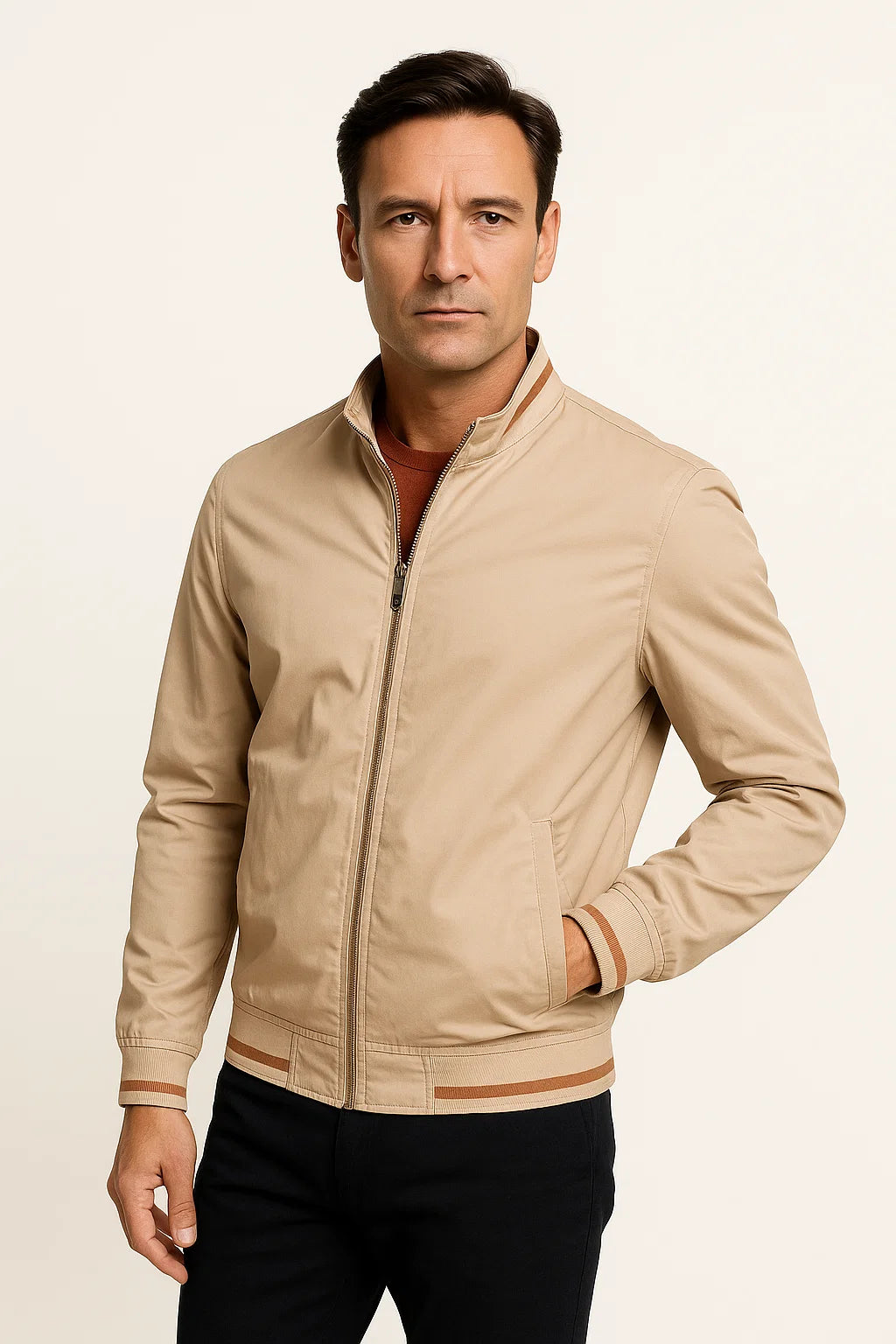 Men's Lightweight Polyester Bomber Jacket, Slim Fit Zip-Up Windbreaker, Casual Outerwear for Spring and Fall 5
