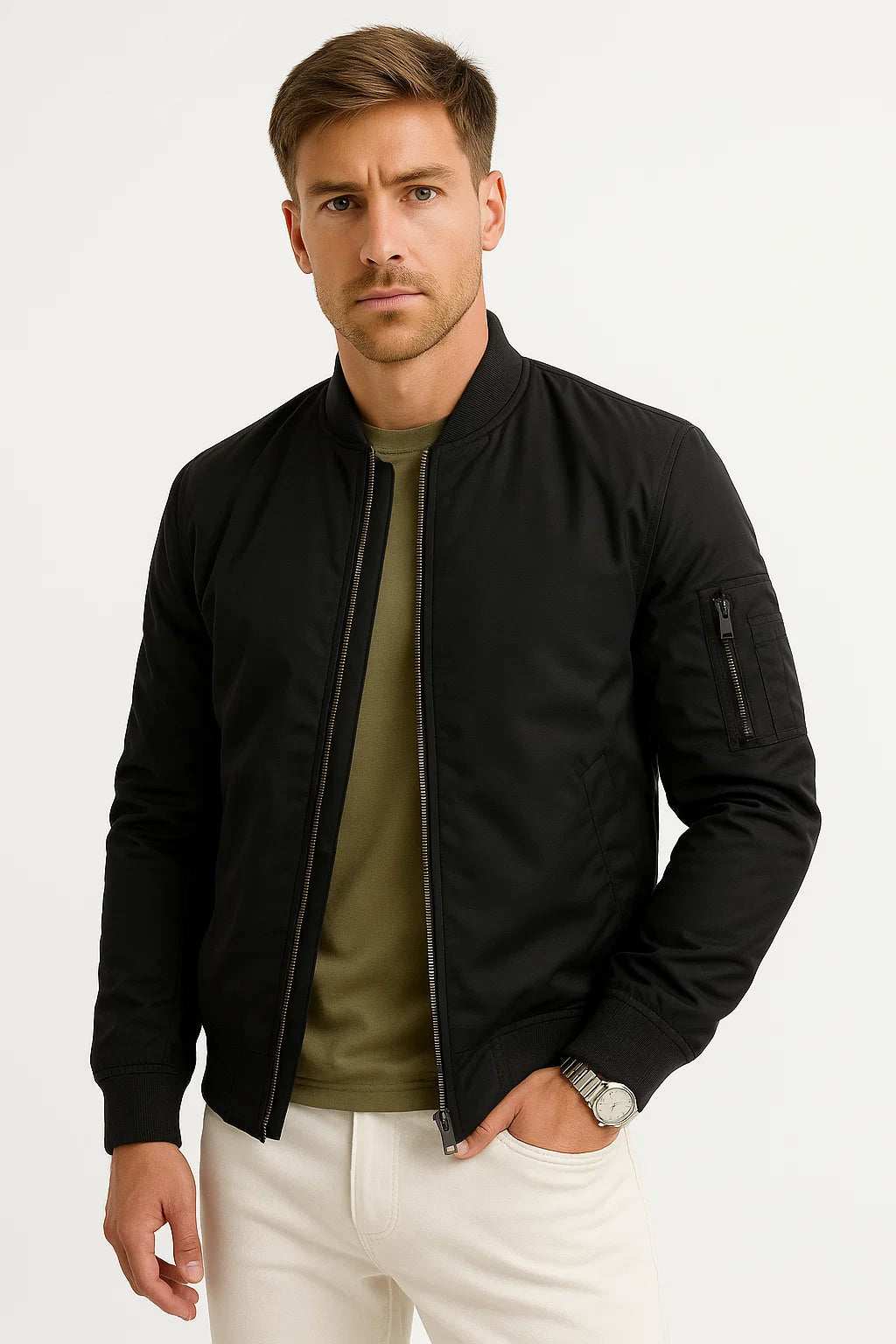 Mens Bomber Jacket Polyester Black Water-Resistant Slim Fit Casual 1