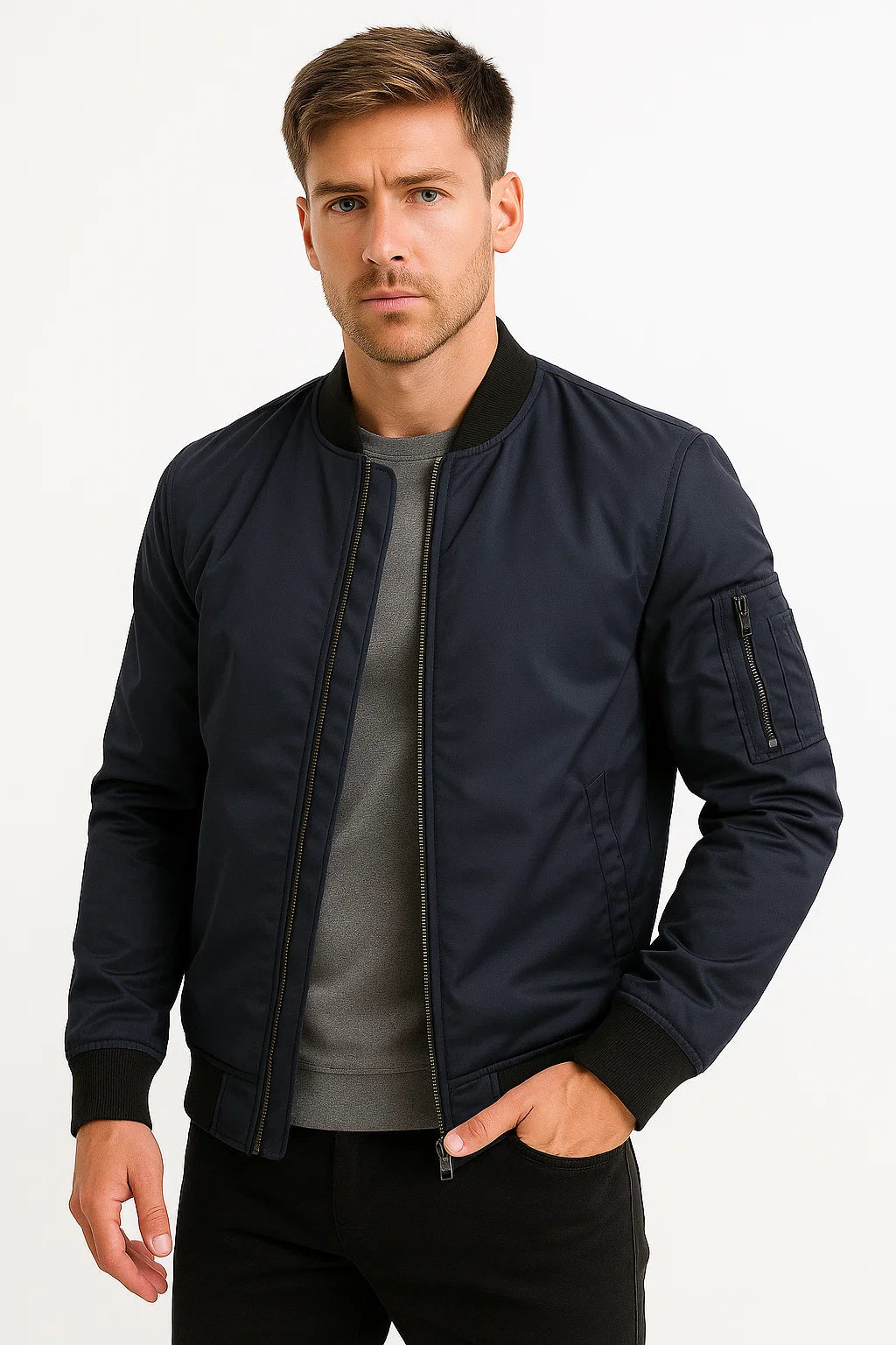 Mens Bomber Jacket Polyester Black Water-Resistant Slim Fit Casual 2