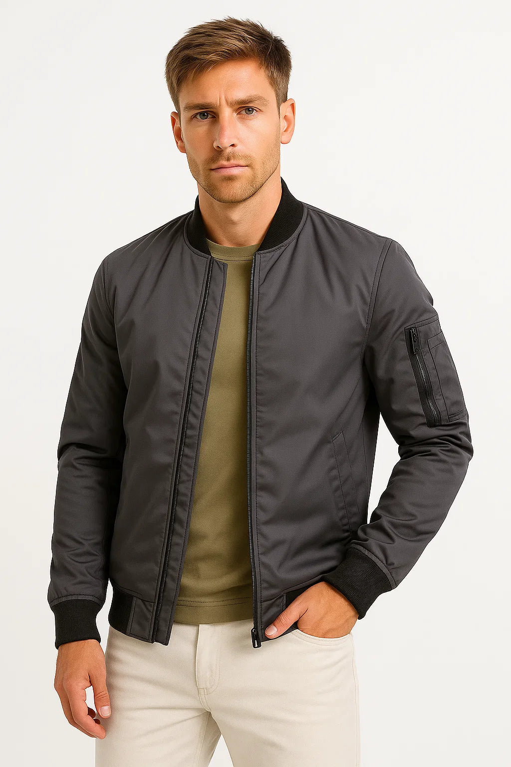 Mens Bomber Jacket Polyester Black Water-Resistant Slim Fit Casual 3