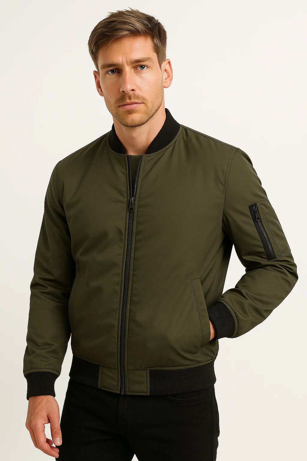 Mens Bomber Jacket Polyester Black Water-Resistant Slim Fit Casual 4