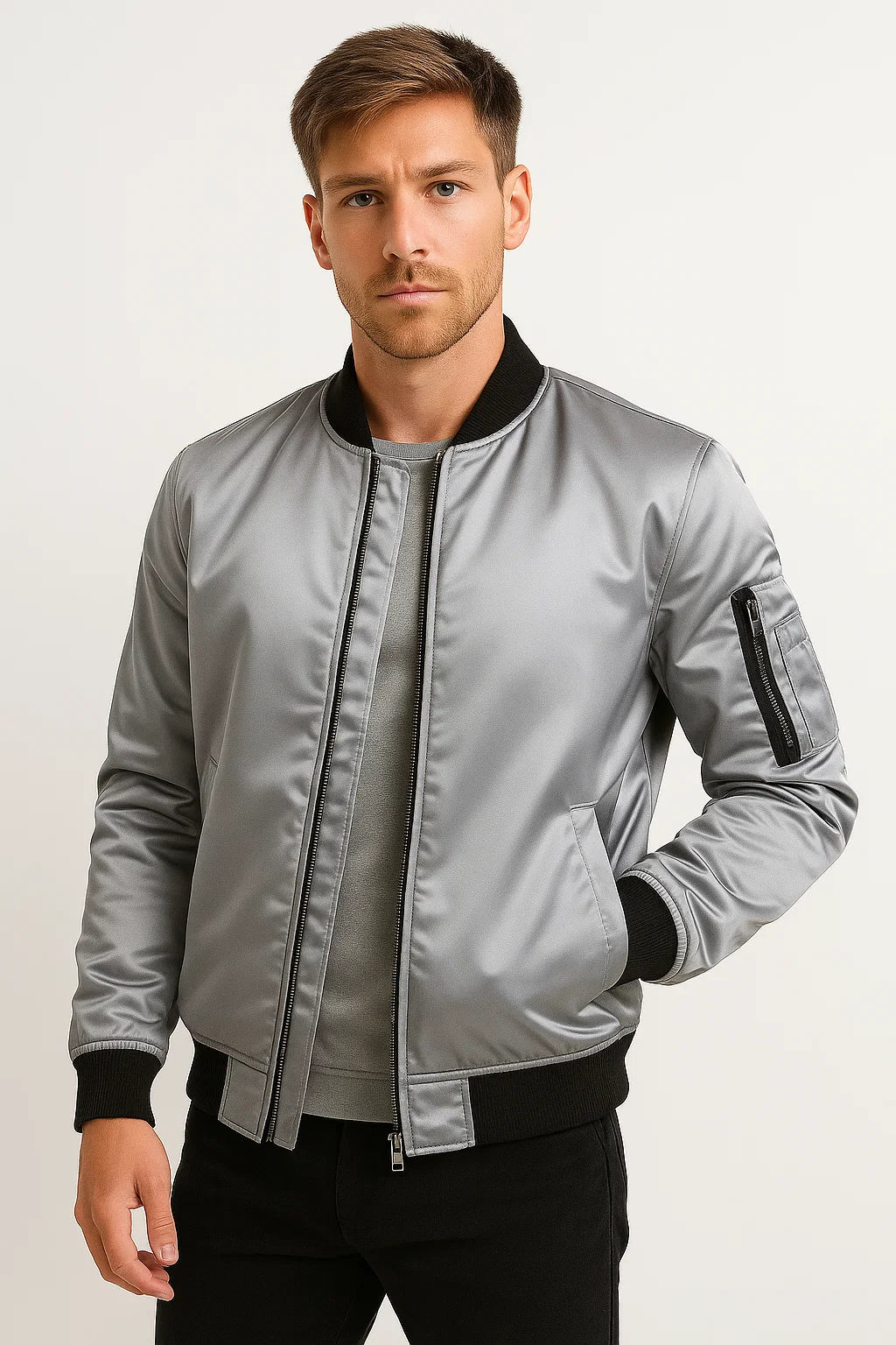 Mens Bomber Jacket Polyester Black Water-Resistant Slim Fit Casual 5