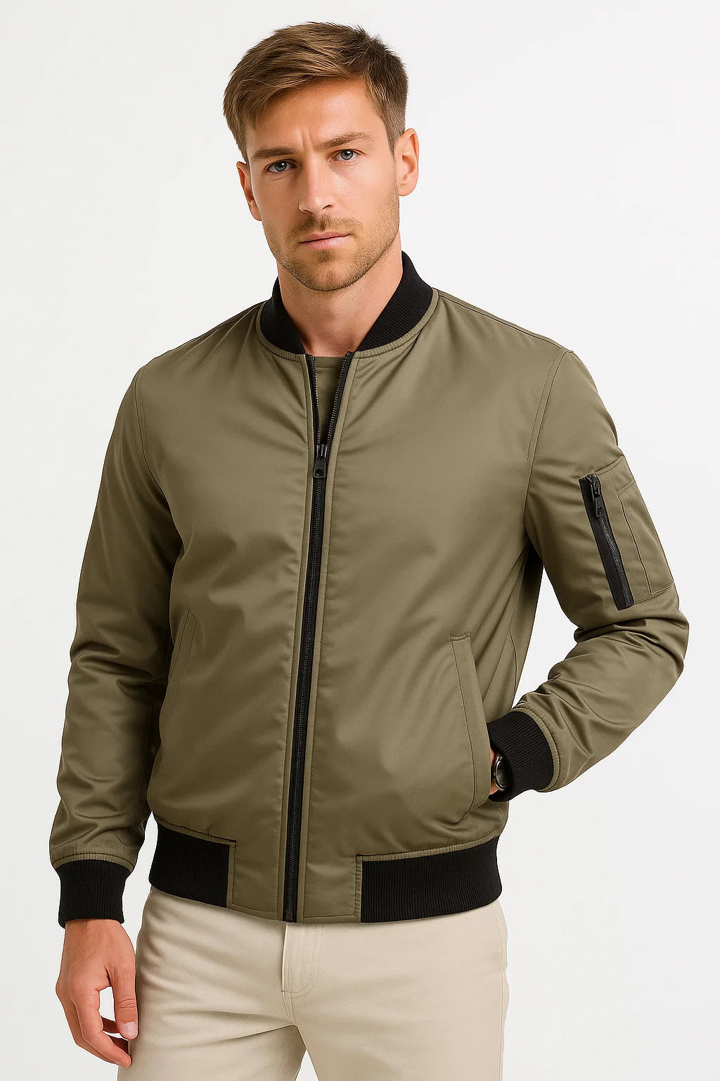 Mens Bomber Jacket Polyester Black Water-Resistant Slim Fit Casual 6