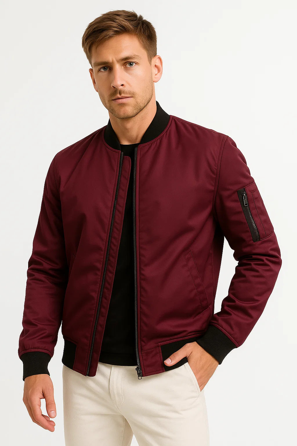 Mens Bomber Jacket Polyester Black Water-Resistant Slim Fit Casual 7