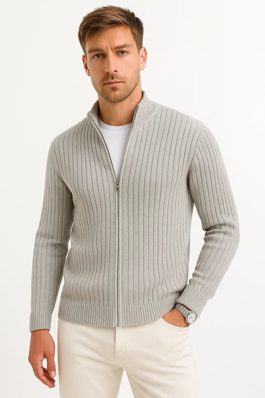 Mens Cardigan Grey Ribbed Knit Lightweight Casual and Formal Design for Men 1