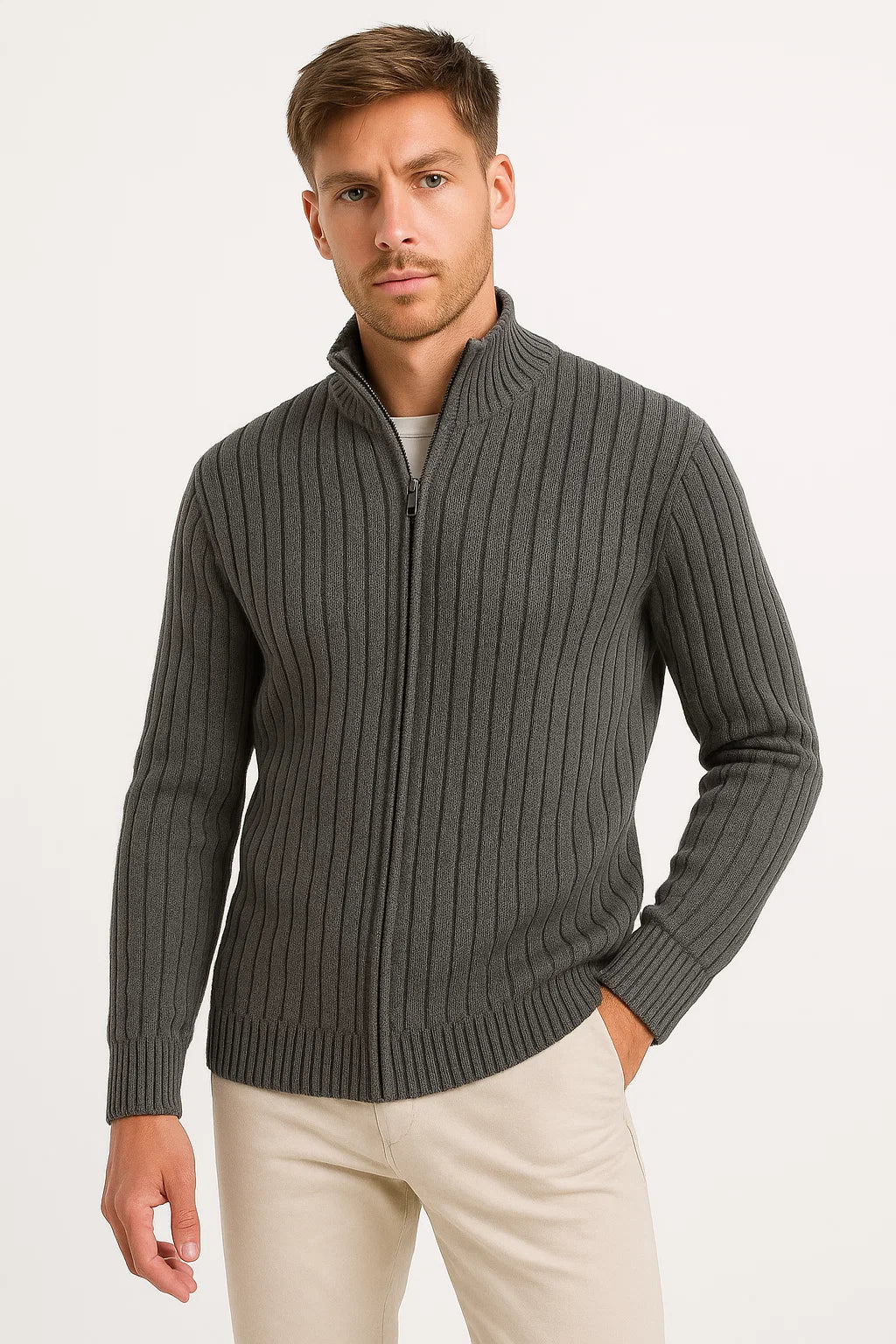 Mens Cardigan Grey Ribbed Knit Lightweight Casual and Formal Design for Men 3