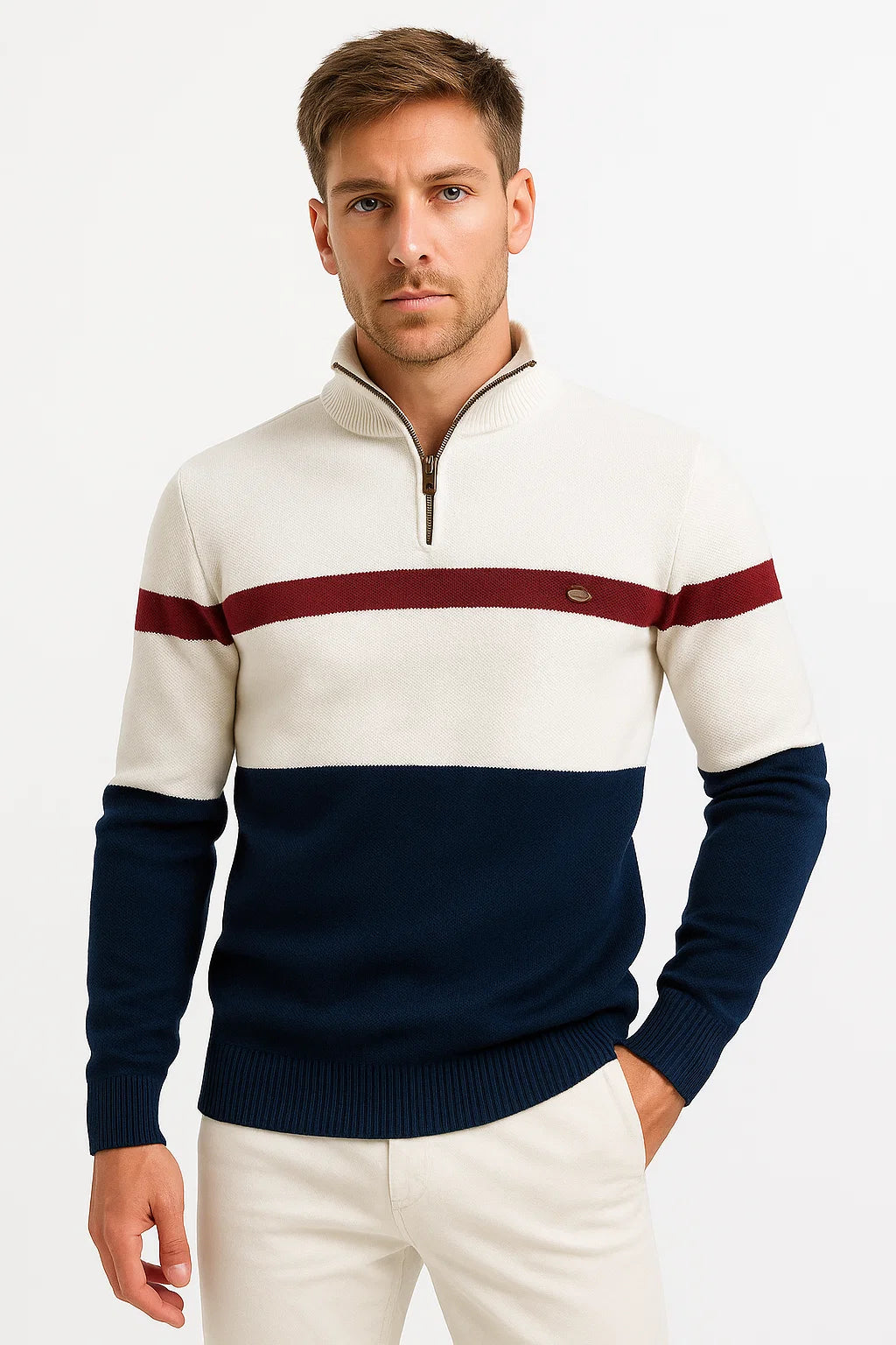 Mens Pullover Sweater Cotton Blend Color Block Casual Half-Zip 1