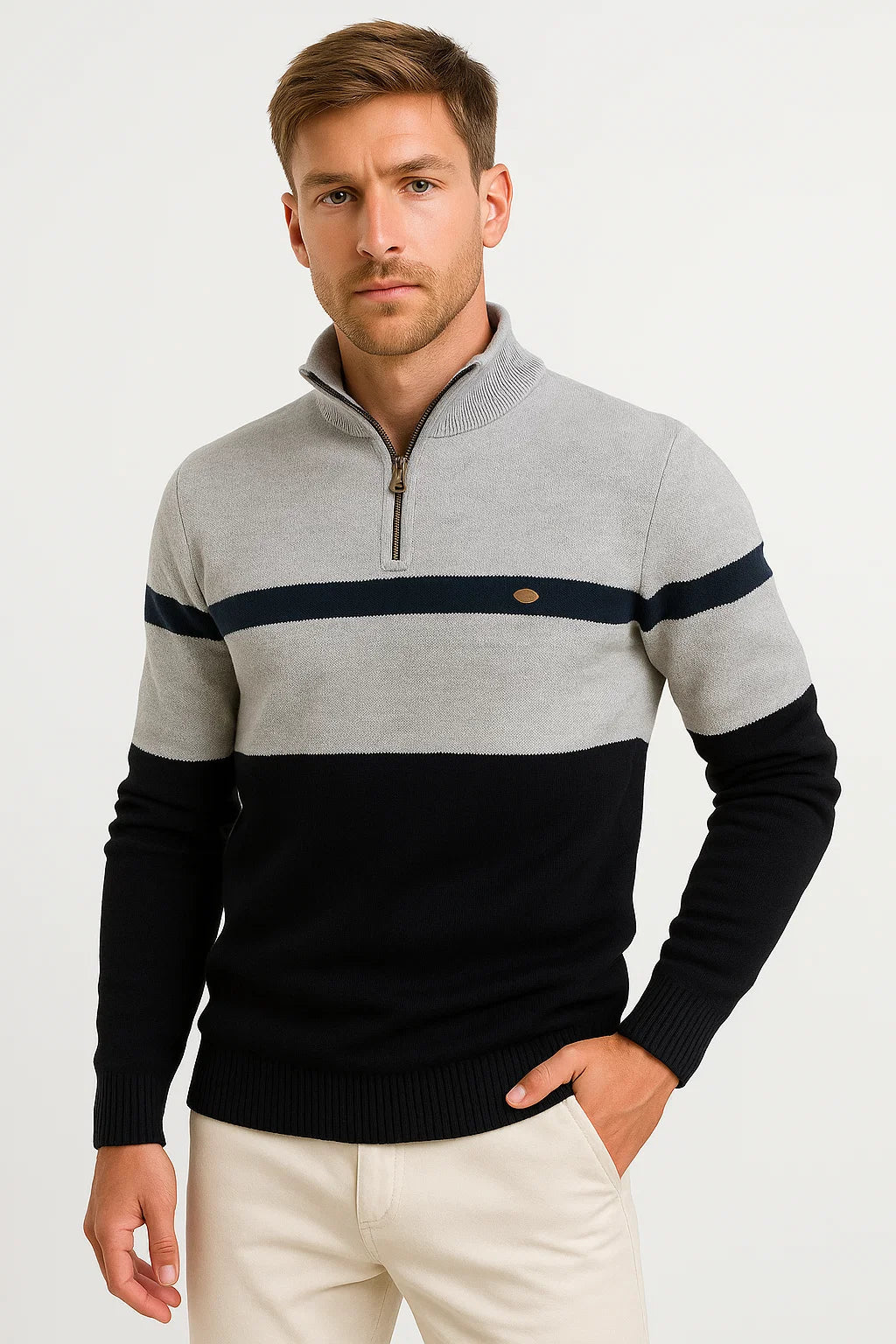 Mens Pullover Sweater Cotton Blend Color Block Casual Half-Zip 2