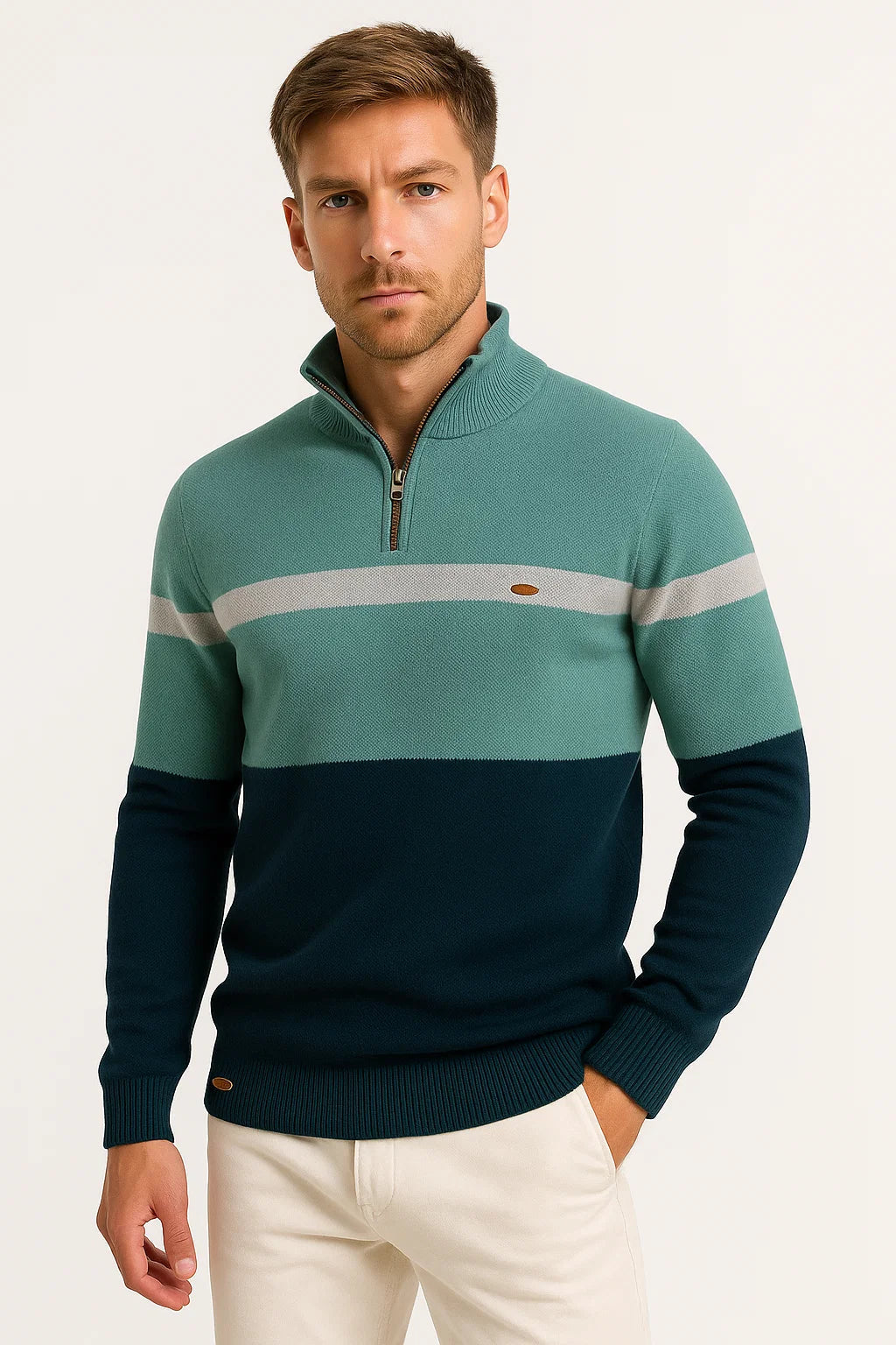 Mens Pullover Sweater Cotton Blend Color Block Casual Half-Zip 3