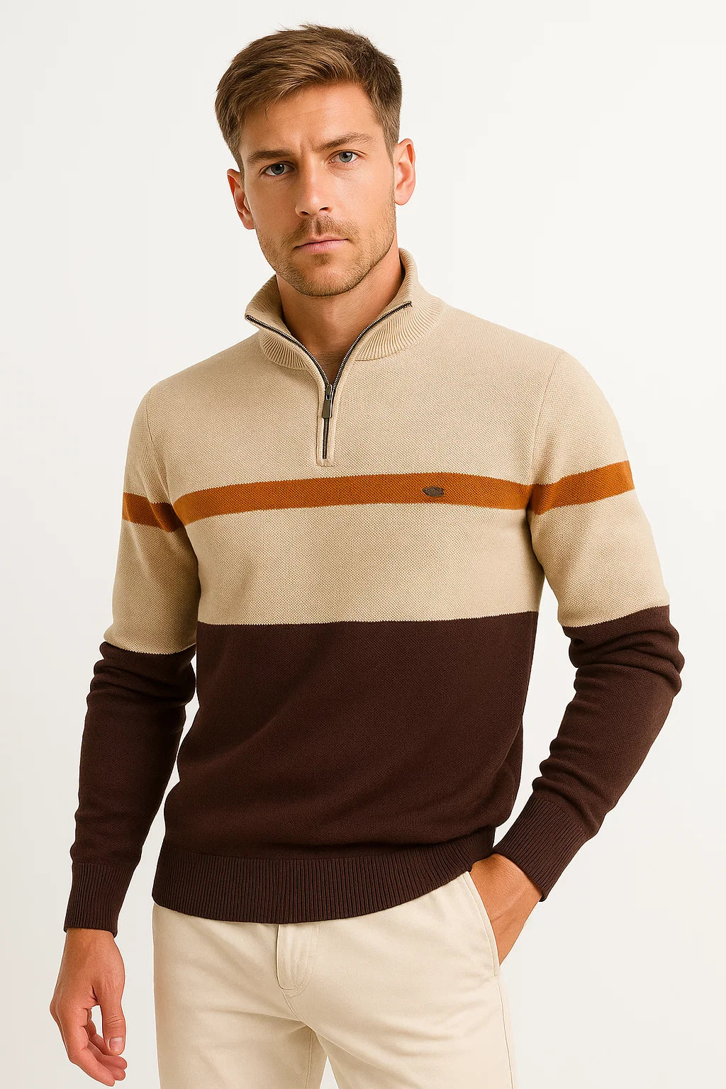 Mens Pullover Sweater Cotton Blend Color Block Casual Half-Zip 4