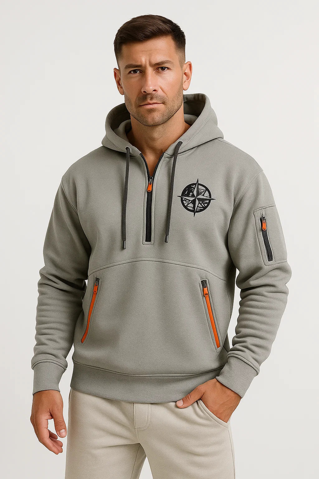Mens Hoodie Blue Cotton Multi-Zip Embroidered Casual Sports with Zipper Pockets 1