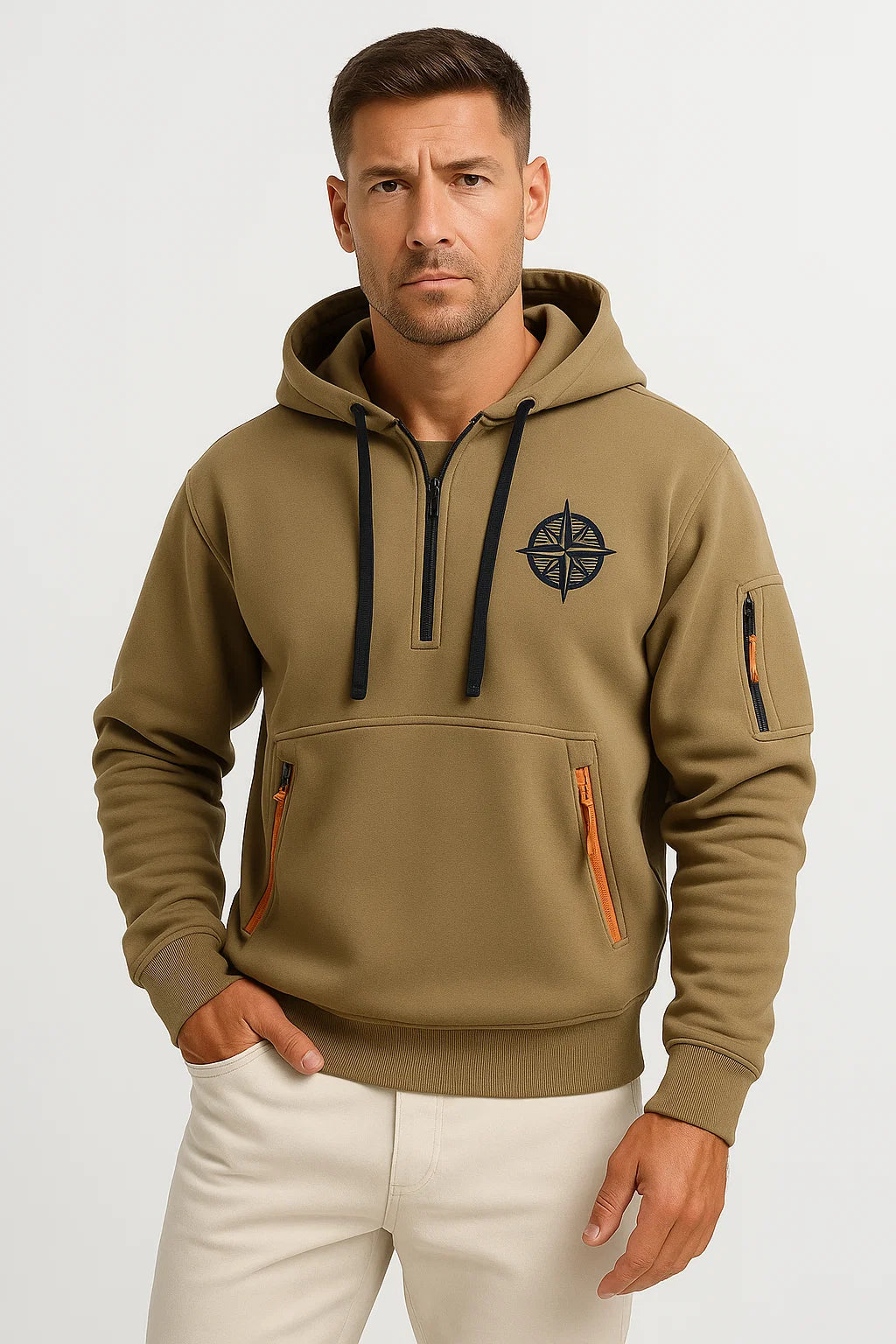 Mens Hoodie Blue Cotton Multi-Zip Embroidered Casual Sports with Zipper Pockets 2