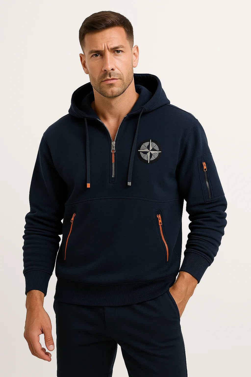 Mens Hoodie Blue Cotton Multi-Zip Embroidered Casual Sports with Zipper Pockets 4
