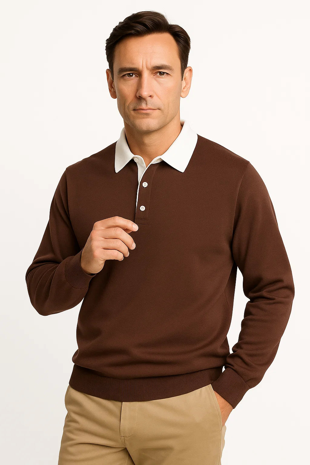 Mens Polo Shirt Cotton Blend Quarter Button Collar Smart Casual Long Sleeve 1