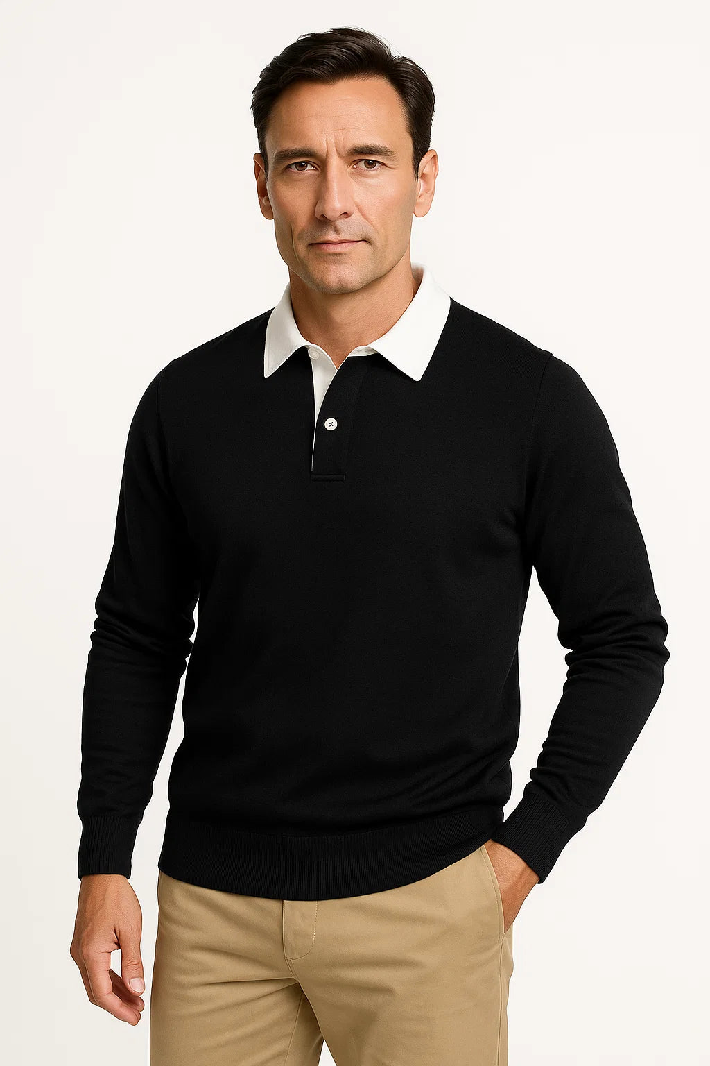 Mens Polo Shirt Cotton Blend Quarter Button Collar Smart Casual Long Sleeve 2