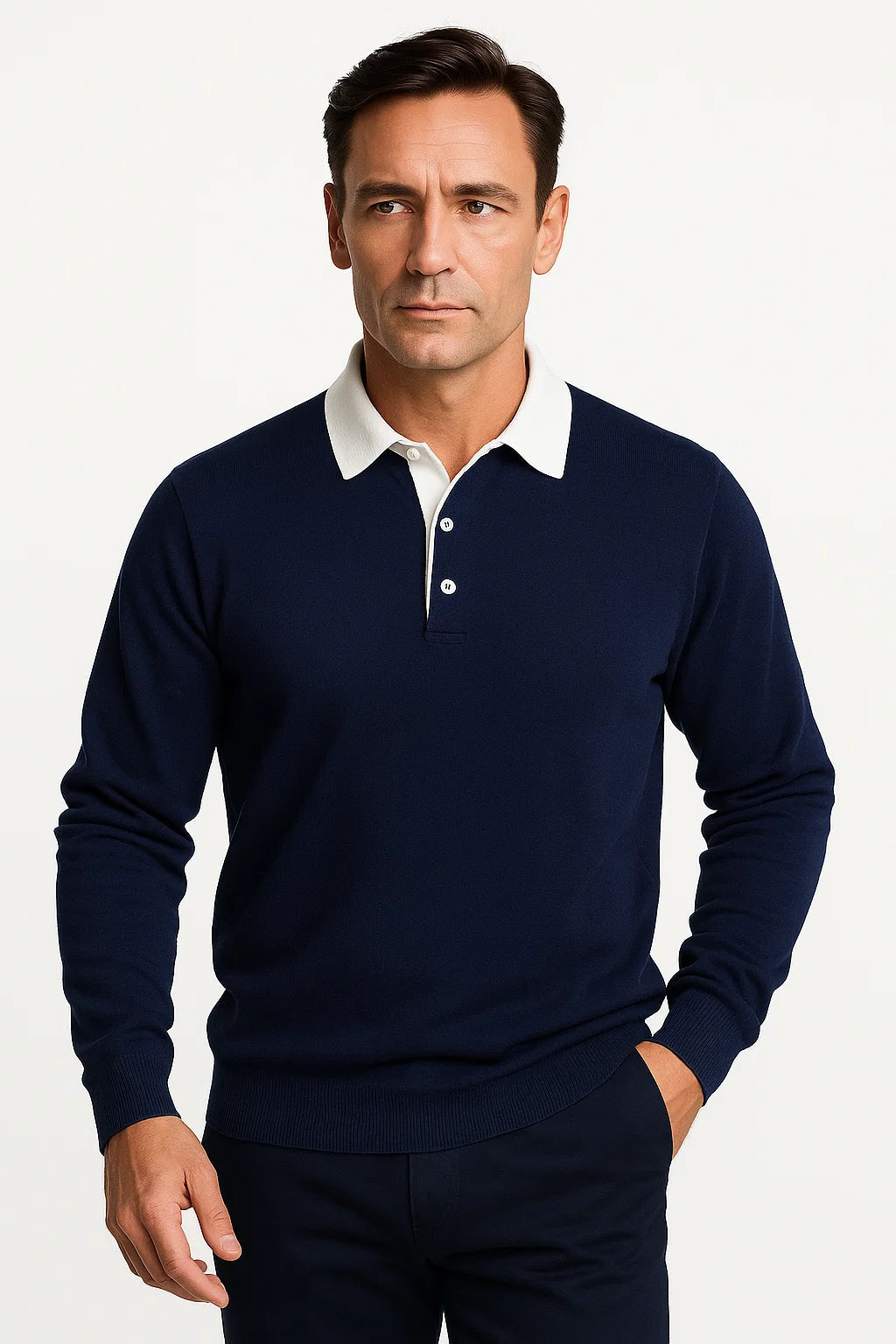 Mens Polo Shirt Cotton Blend Quarter Button Collar Smart Casual Long Sleeve 3