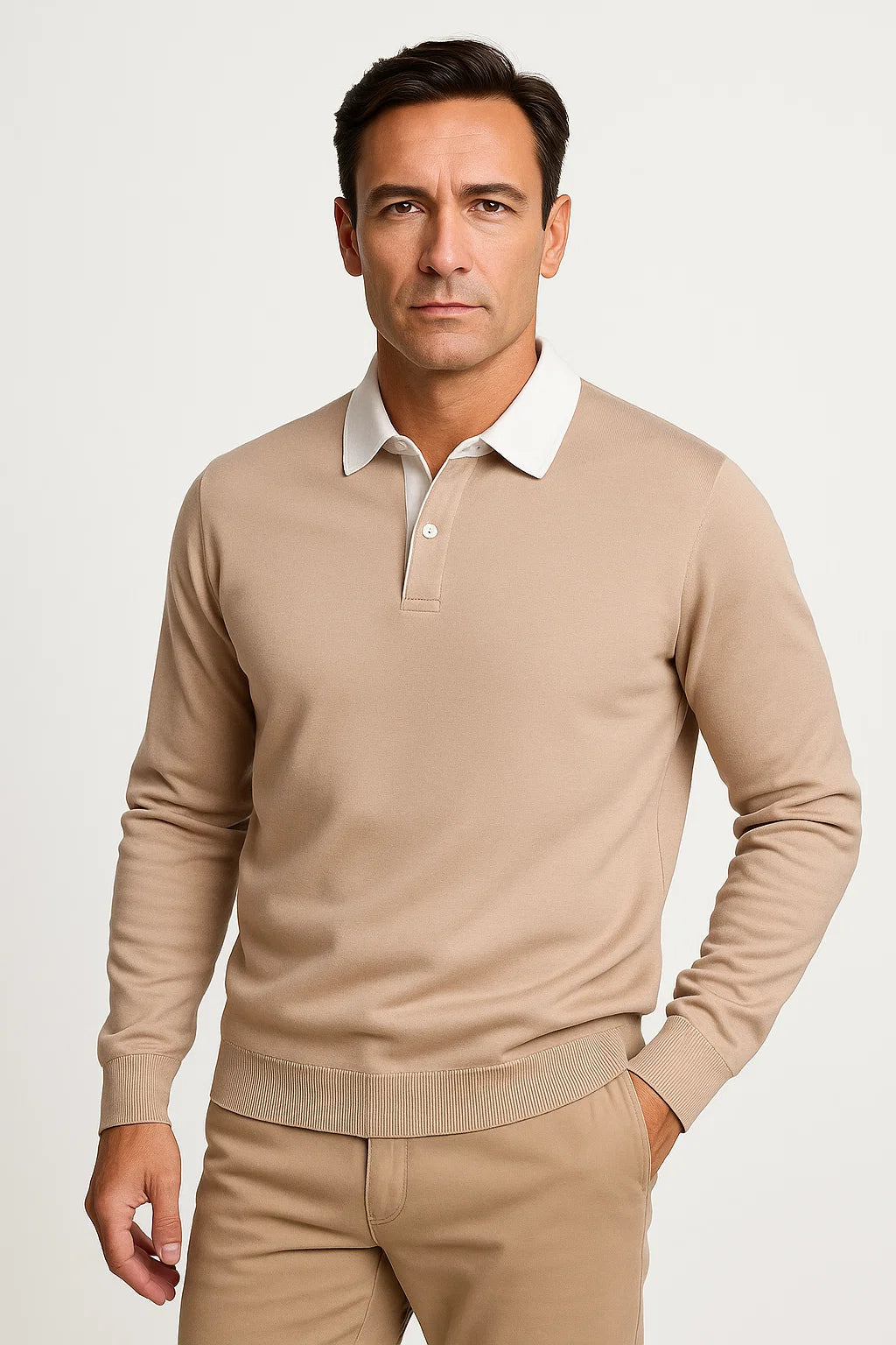 Mens Polo Shirt Cotton Blend Quarter Button Collar Smart Casual Long Sleeve 4