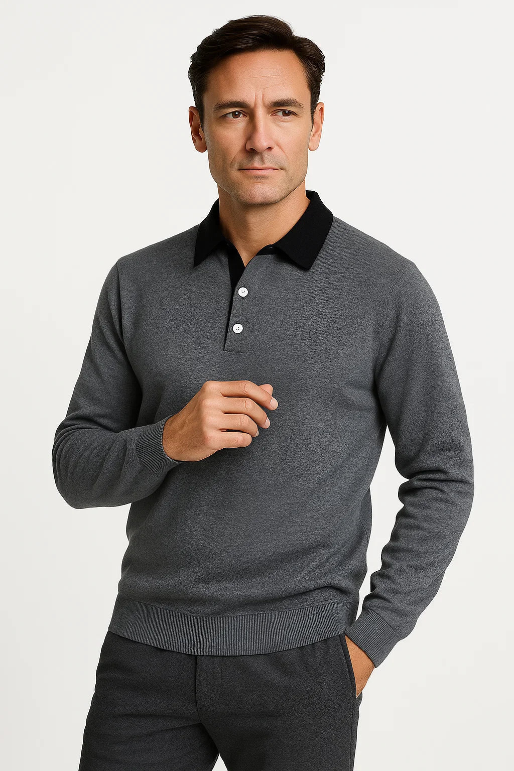 Mens Polo Shirt Cotton Blend Quarter Button Collar Smart Casual Long Sleeve 5
