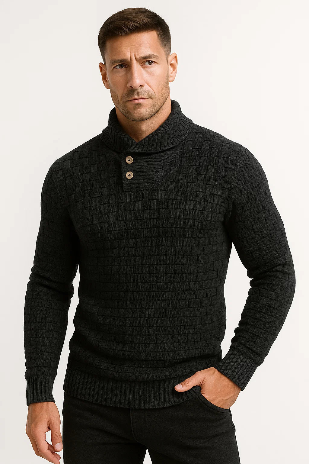 Mens Pullover Sweater Cream Soft Fabric High Neck Button Details Woven Knit 1
