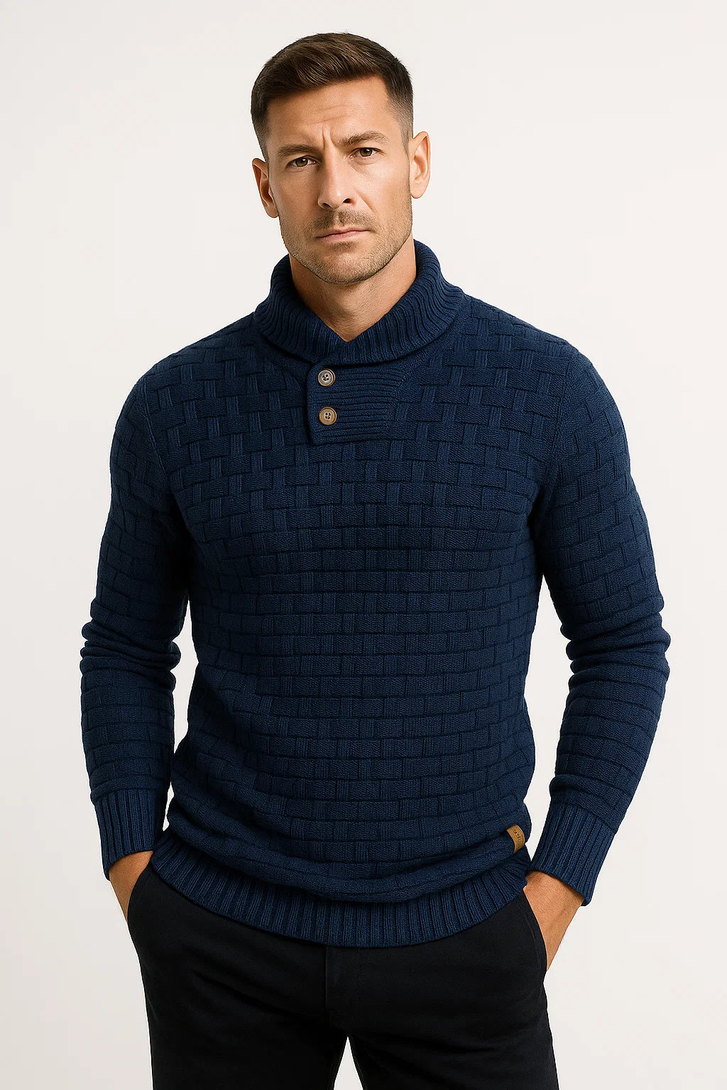 Mens Pullover Sweater Cream Soft Fabric High Neck Button Details Woven Knit 4