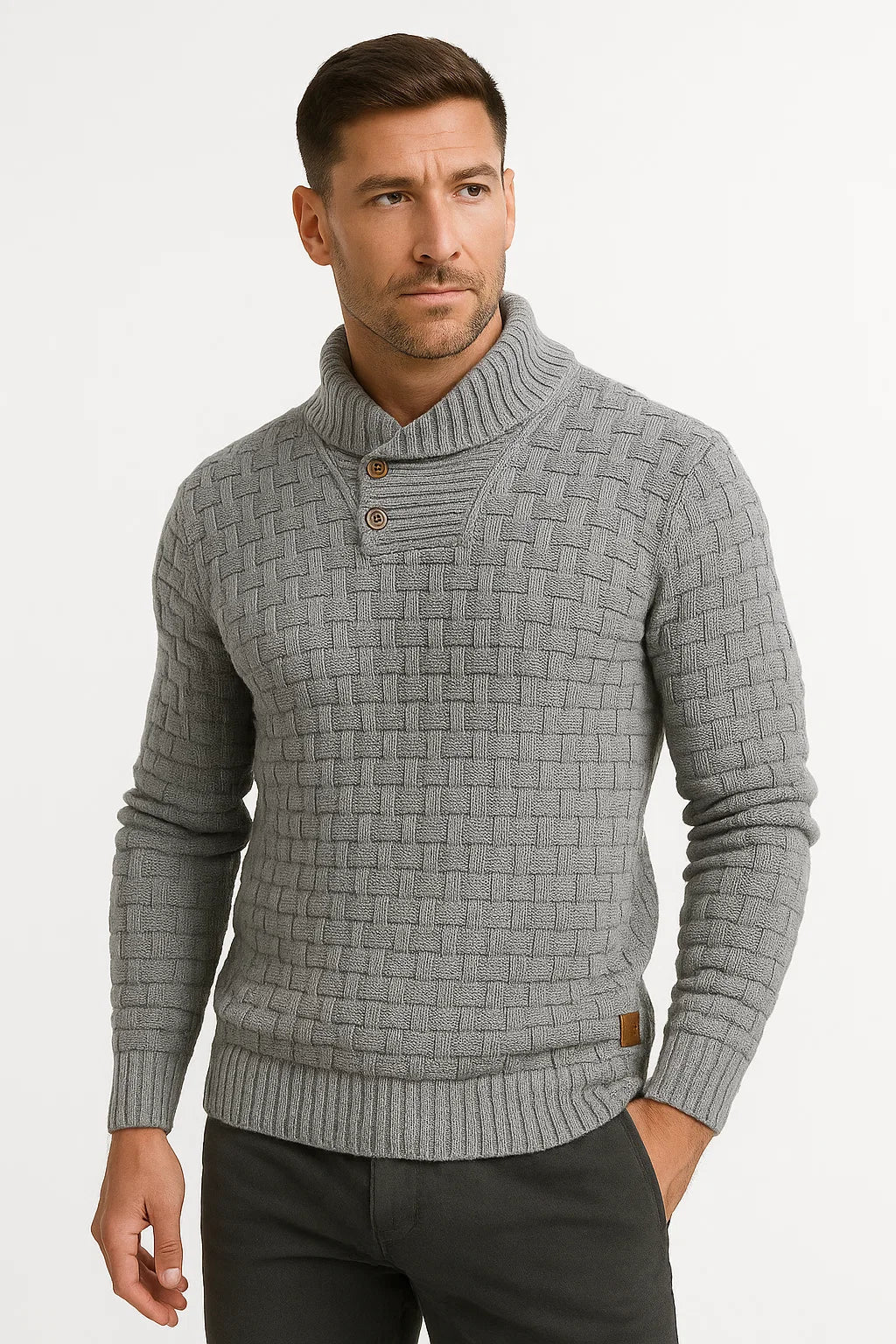 Mens Pullover Sweater Cream Soft Fabric High Neck Button Details Woven Knit 5