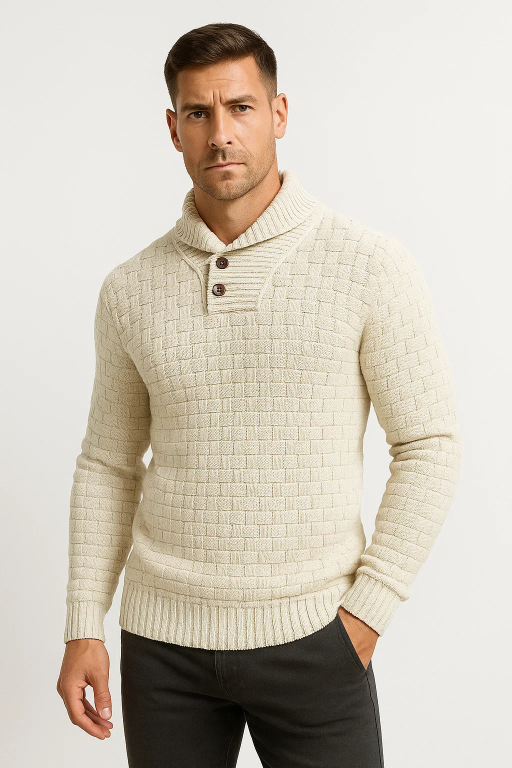 Mens Pullover Sweater Cream Soft Fabric High Neck Button Details Woven Knit 6