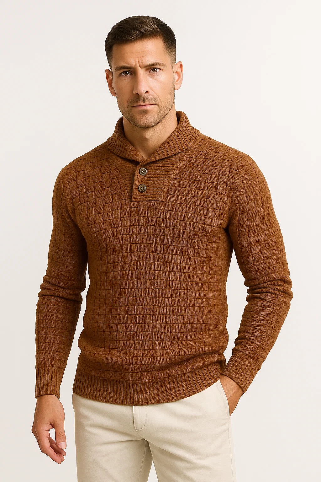 Mens Pullover Sweater Cream Soft Fabric High Neck Button Details Woven Knit 7